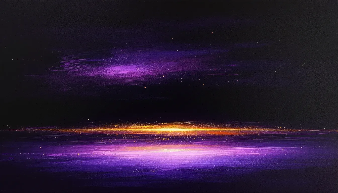 Abstraktes Ölgemälde: eine langsame Welle aus violettem Licht, die in eine ruhige horizontale Linie mündet